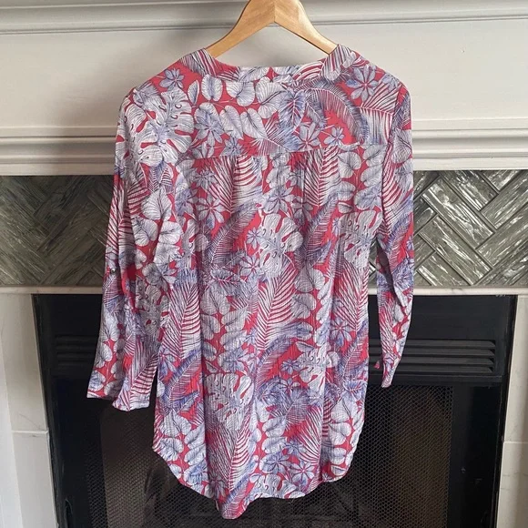 NWOT Tropical KIM ROGERS Roll Tab POPOVER Palm FLORAL BLOUSE Shirt TUNIC Top S - Picture 6 of 12